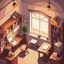 cozy, study room, isometric view, wooden desks, bookshelves, window with outside view, warm lighting, anime style 