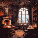 cozy, study room, wooden desks, bookshelves, candles, fireplace, books window with outside view, warm lighting, anime style 