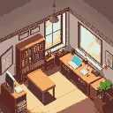 cozy, study room, 16-bit style, isometric view, wooden desks, bookshelves, window with outside view, warm lighting, anime style 