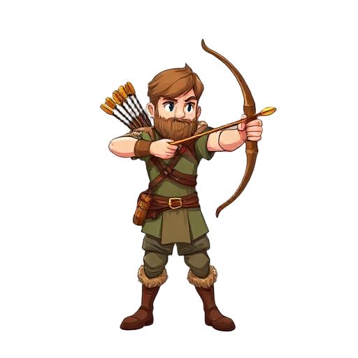 a archer hodded with his bow and many arrows with 4 animations idle walk atttack and jump