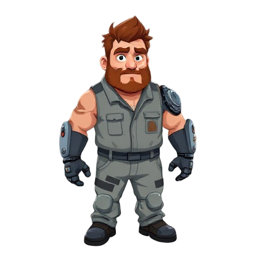 a large man with rough features, red stubble, short tousled hair. his right eye and hand are bionic (metallic, with a red backlight). he is dressed in a jumpsuit stained with machine oil.