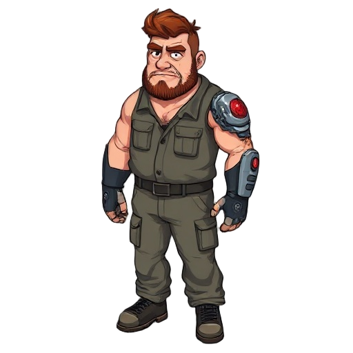 a large man with rough features, red stubble, short tousled hair. his right eye and hand are bionic (metallic, with a red backlight). he is dressed in a jumpsuit stained with machine oil.