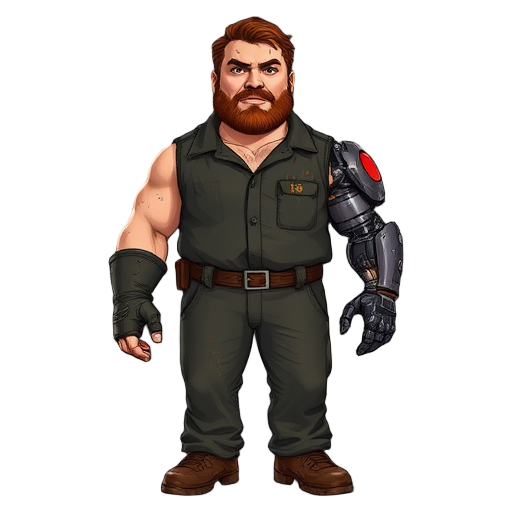 a large man with rough features, red stubble, short tousled hair. his right eye and hand are bionic (metallic, with a red backlight). he is dressed in a jumpsuit stained with machine oil.