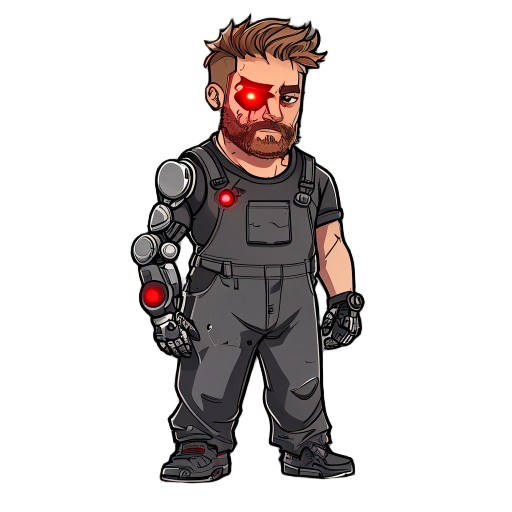 a large man with rough features, red stubble, short tousled hair. his right eye and hand are bionic (metallic, with a red backlight). he is dressed in a jumpsuit stained with machine oil.