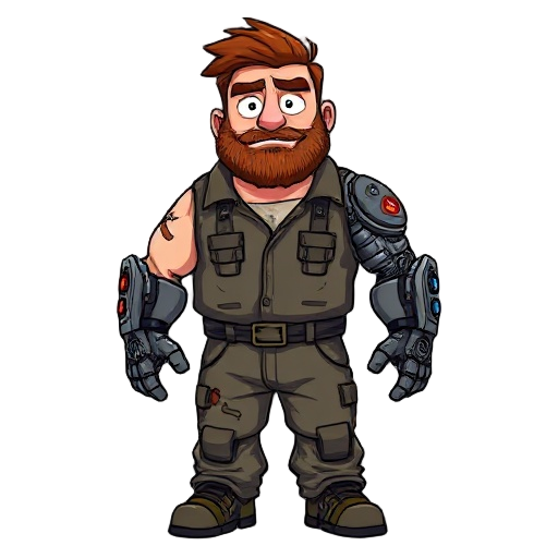 a large man with rough features, red stubble, short tousled hair. his right eye and hand are bionic (metallic, with a red backlight). he is dressed in a jumpsuit stained with machine oil.