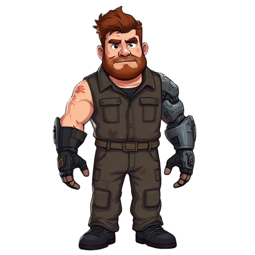 a large man with rough features, red stubble, short tousled hair. his right eye and hand are bionic (metallic, with a red backlight). he is dressed in a jumpsuit stained with machine oil.