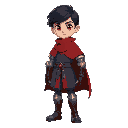 boy with red left eye, short black hair, wearing a red short poncho over a blue gambeson, with leather fingerless gauntlets, and knight boots