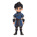 boy with black hair wearing a blue gambeson