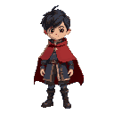 boy with black hair wearing a blue gambeson and red poncho