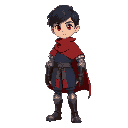 boy with red left eye, short black hair, wearing a red short poncho over a blue gambeson, with leather fingerless gauntlets, and knight boots
