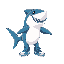 a cute shark on all fours wearing blue sneakers