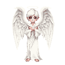 solemn angel with large white wings, wearing thin ancient roman-style white robes made of soft flowing fabric, face resembling a greek marble statue with serene features and eyes weeping blood, conveying a mix of divine sorrow and macabre beauty, soft lig