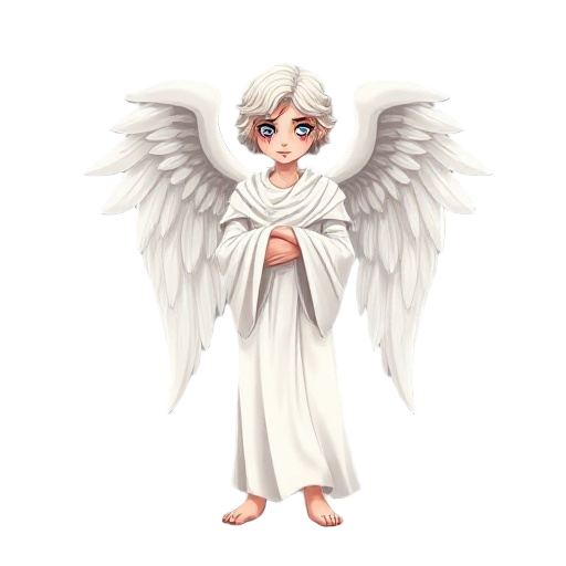 solemn angel with large white wings, wearing thin ancient roman-style white robes made of soft flowing fabric, face resembling a greek marble statue with serene features and eyes weeping blood, conveying a mix of divine sorrow and macabre beauty, soft lig