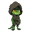 create detailed sprite of a  boy with chameleon features. he has glowing yellow eyes, and green scaly skin. he wears a torn hooded cloak.