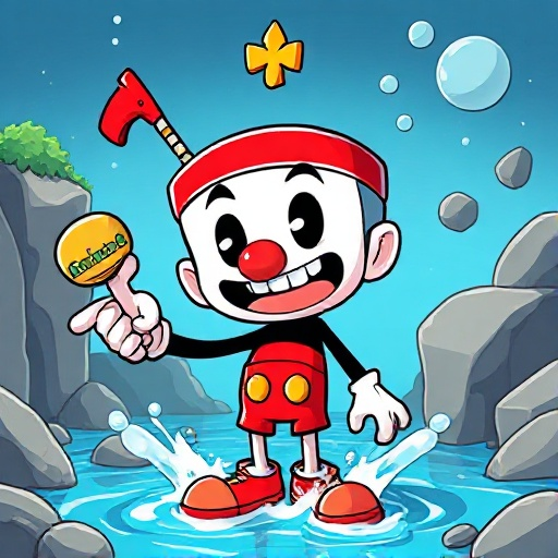 jogo estilo cuphead com o protagonista sendo um personagem tipo o cuphead mas com um votijão de agua ao inves da xicara