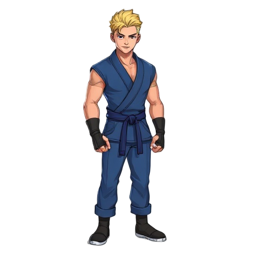 man with a blue gi, blonde with a scar in his eye