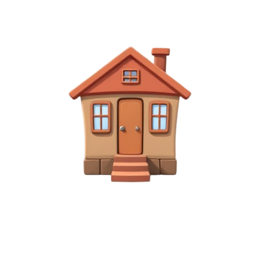 simple house with a small chimney, two windows, a central doorway with a small staircase of 2 steps.