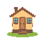 simple house with a small chimney, two windows, a central doorway with a small staircase of 2 steps.