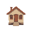 simple house with a small chimney, two windows, a central doorway with a small staircase of 2 steps.