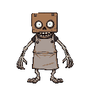 make a monster with a box on its head wearing a butcher apron and skeleton hands and its eyes are like "dropping" (the monster is friendly and it's from a topdown rpg game)