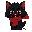 create an image of a black, fluffy cat with large, expressive eyes. the cat should be wearing a big, voluminous red scarf. the cat has no nose and no mustache. focus on making the eyes prominent and t
