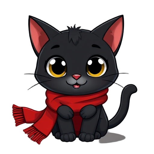 create a cartoon-style black cat with a playful and cute appearance. the cat should have large, expressive eyes that stand out and give it a charming look. it is wearing a big, cozy red scarf wrapped 