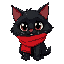create an image of a black, fluffy cat with large, expressive eyes. the cat should be wearing a big, voluminous red scarf. the cat has no nose and no mustache. focus on making the eyes prominent and t