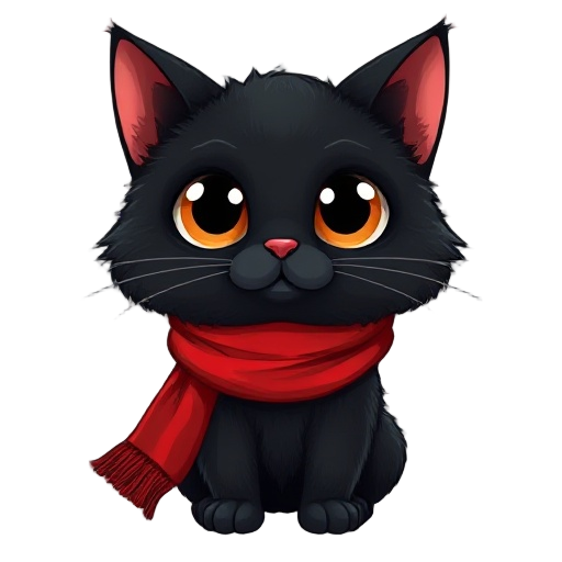 create an image of a black, fluffy cat with large, expressive eyes. the cat should be wearing a big, voluminous red scarf. the cat has no nose and no mustache. focus on making the eyes prominent and t