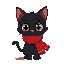 create a cartoon-style black cat with a playful and cute appearance. the cat should have large, expressive eyes that stand out and give it a charming look. it is wearing a big, cozy red scarf wrapped