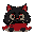 create an image of a black, fluffy cat with large, expressive eyes. the cat should be wearing a big, voluminous red scarf. the cat has no nose and no mustache. focus on making the eyes prominent and t