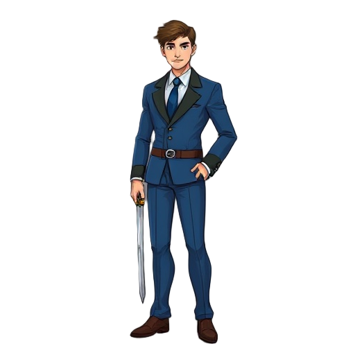 man in blue suit, this man is tall, he holds a sword