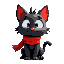 black cat with big eyes and big red scarf