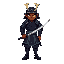 samurai character with a katana, mid brown skin tones, wearing traditional samurai armor in dark colors with subtle blue accents, yellow glasees 