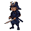  samurai character in a side-scroller view (profile, not front view). the samurai has a medium-light brown skin tone, glowing yellow eyes, and wears traditional samurai armor in dark blue with subtle details. he wields a katana. 16-bit retro video game st