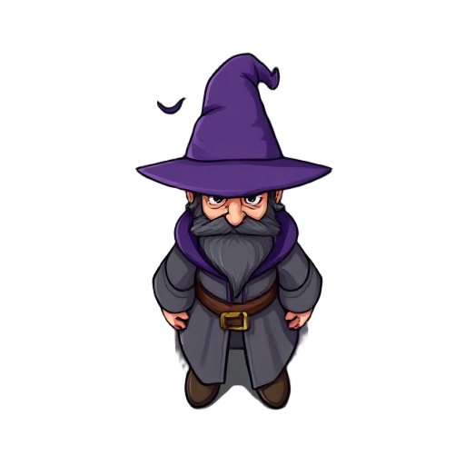a wizard in a grey tunic with a purple hat, for a game topdown