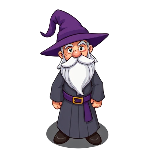 a wizard in a grey tunic with a purple hat, for a game topdown