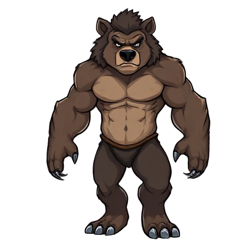  hybrid between human and bear — muscular upper body with bear fur and clawed hands, walking upright like a human. face is half-human, half-bear, with wild hair and intense eyes. w