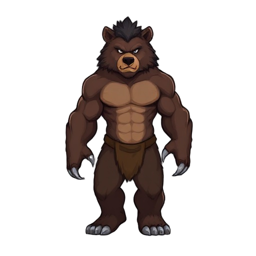 pixel hybrid between human and bear — muscular upper body with bear fur and clawed hands, walking upright like a human. face is half-human, half-bear, with wild hair and intense eyes. w