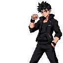 a black fighter anime protagonist stylish clothing with jacket