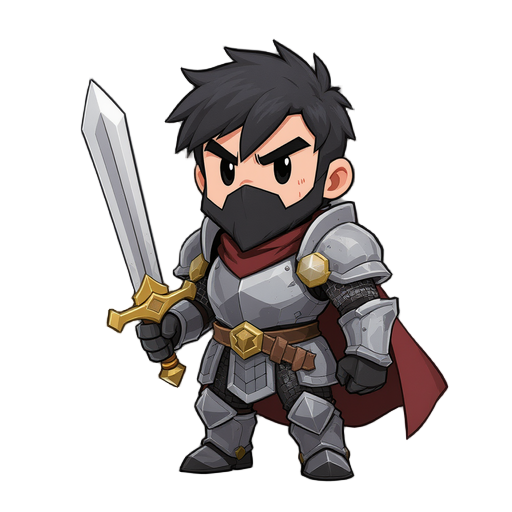 the knight hero, equipped with a holy sword, dressed in armor, with black hair and black eyes.