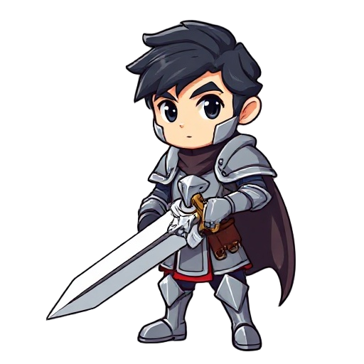 the knight hero, equipped with a holy sword, dressed in armor, with black hair and black eyes.
