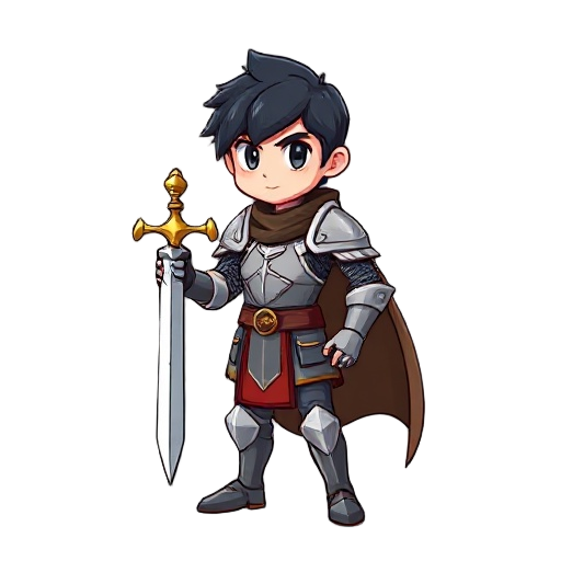 the knight hero, equipped with a holy sword, dressed in armor, with black hair and black eyes.