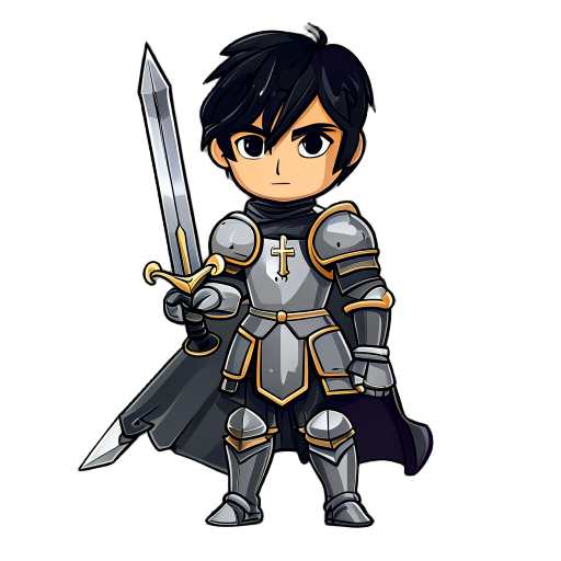 the knight hero, equipped with a holy sword, dressed in armor, with black hair and black eyes.