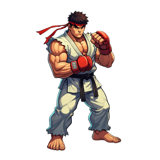 2d cel-shaded digital illustration of ryu in marvel vs capcom arcade style, thick black outlines, sharp muscles, saturated colors, arcade fighter pose, hd resolution, transparent background