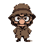 chibi style character design of a comically suspicious person. fake novelty nose attached to thick-rimmed glasses, with a fake mustache. he is wearing a bage trench coat and bucket hat