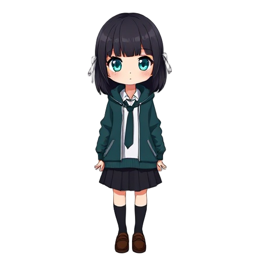a 2d anime-style young female character in t-pose, shoulder-length black hair with front bangs and white ribbons on both sides, large teal eyes, expressionless face, wearing a dark teal and gray zip-up hoodie over a white shirt with a tie, black pleated s
