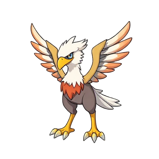 a small starter pokemon designed around a griffin, you should use the colors of a bald eagle should stand on 4 legs and have wings. fire and steel type myst stand on 4 legs