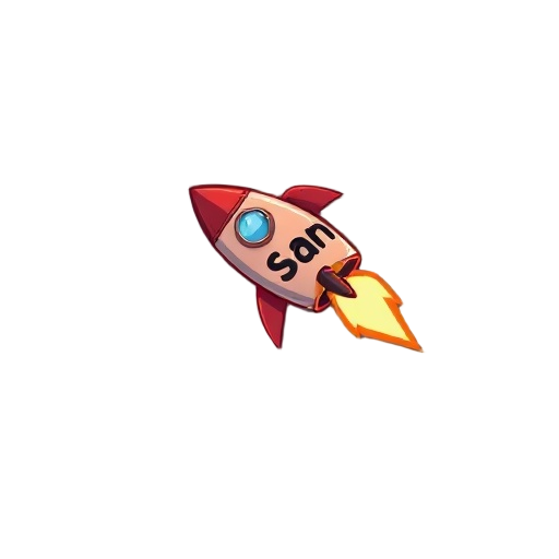 rocket flying to the right with a looping flame effect. the rocket body as the text san on it.