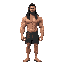 a very muscular man of great build, with long black hair, without a shirt and ripped shorts 