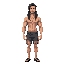man with long black hair, muscular, wearing ripped shorts and no shirt 